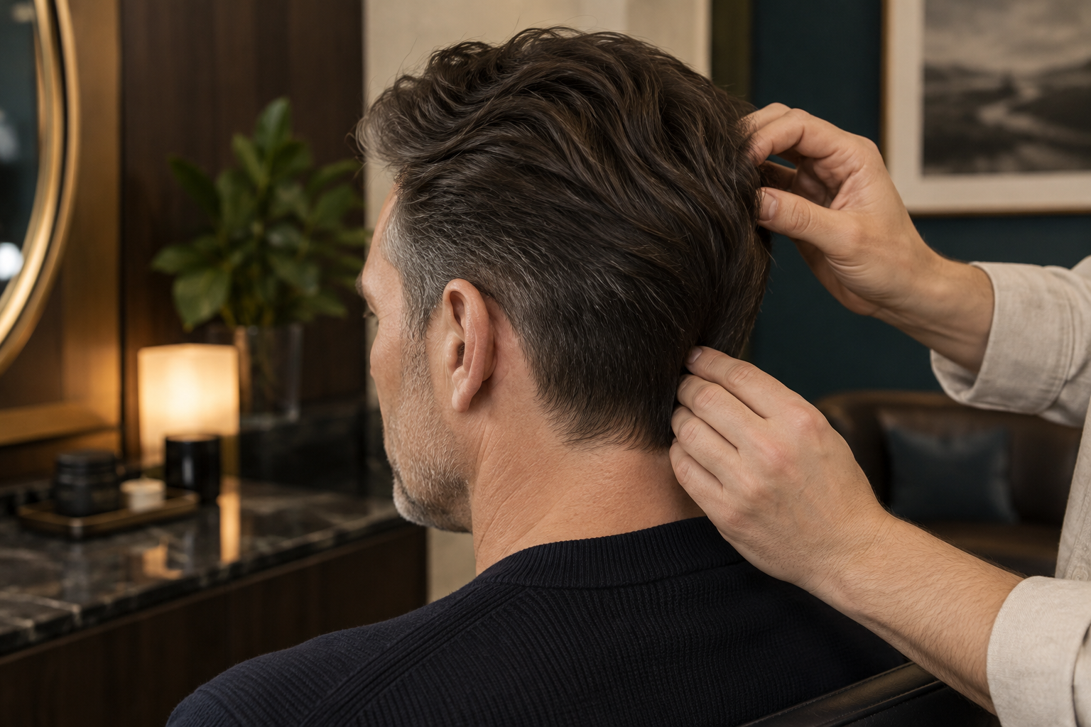 Professional finishing and blending a man's natural-looking hairstyle